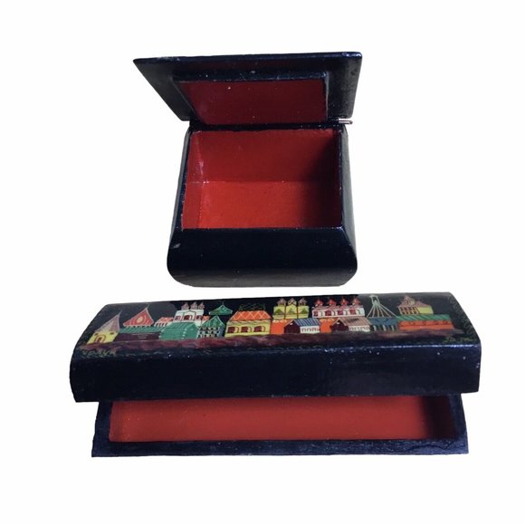 Vintage Russian Lacquer Hand Painted Fairy Tale Hinged Trinket Box Lot of 2 - Picture 4 of 8